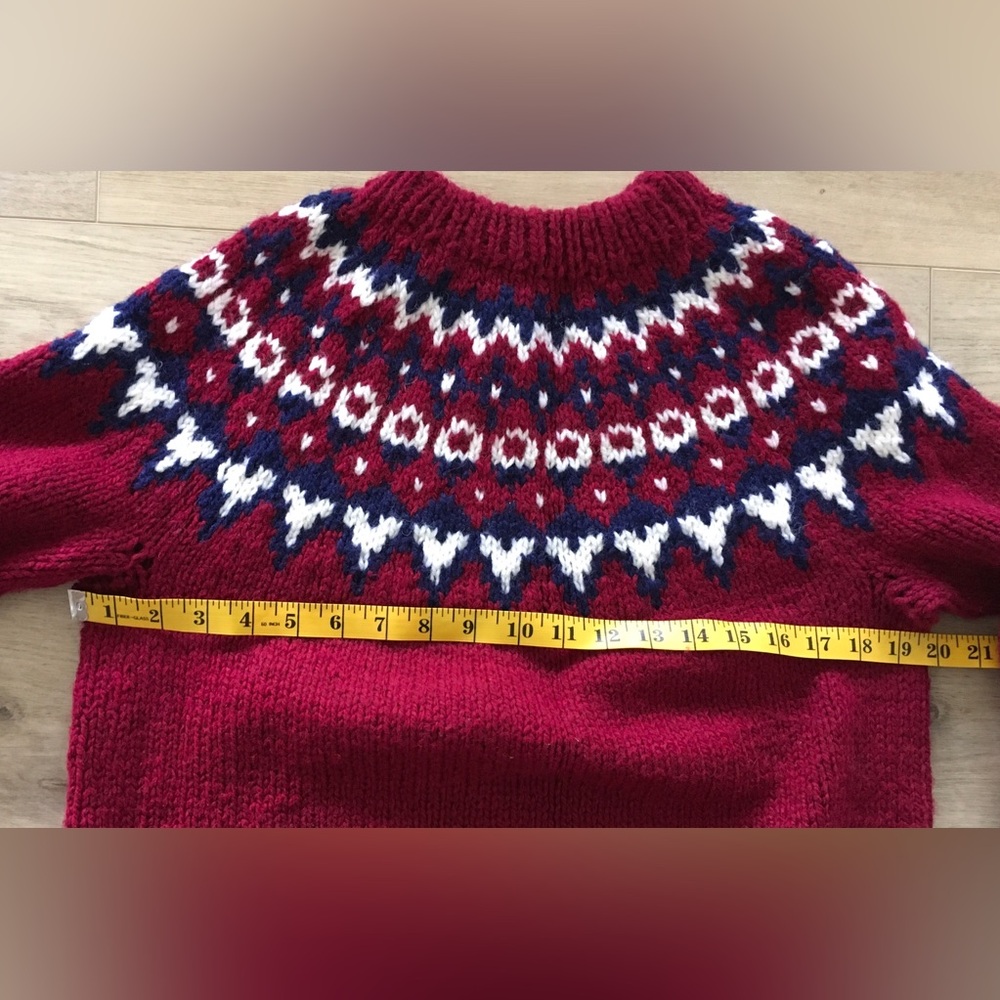 Vintage 1980’s Hand-knit Wool Red and White Crew Neck Sweater, Fair Isle Pattern - Picture 3 of 5